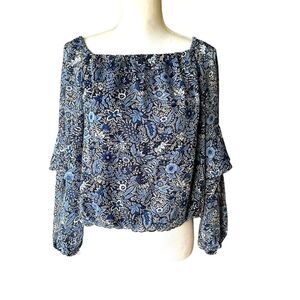 Banana Republic Blue Floral Blouse Medium Sheer Sleeves Boho Peasant Top